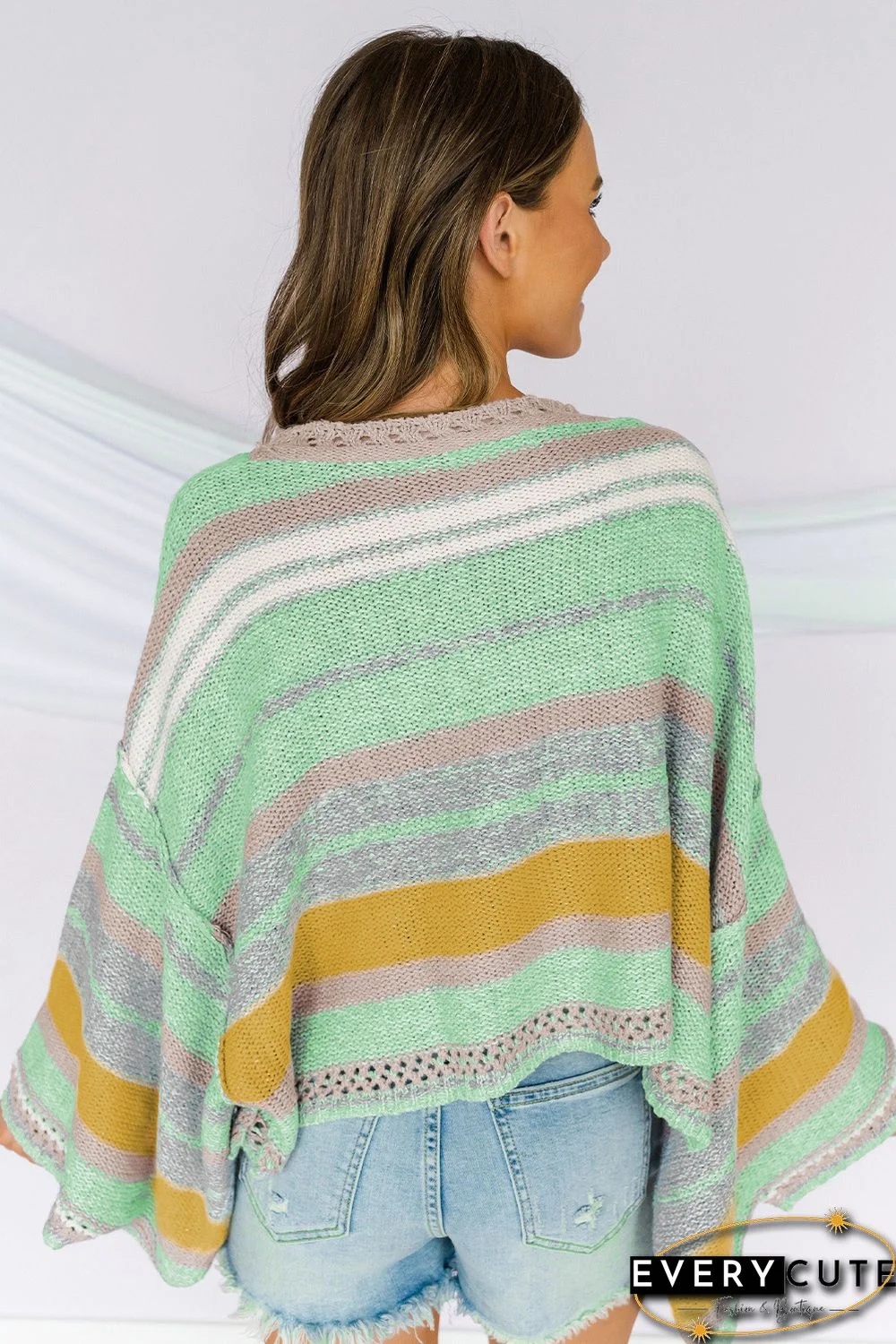 Green Striped Bell Sleeves Loose Sweater