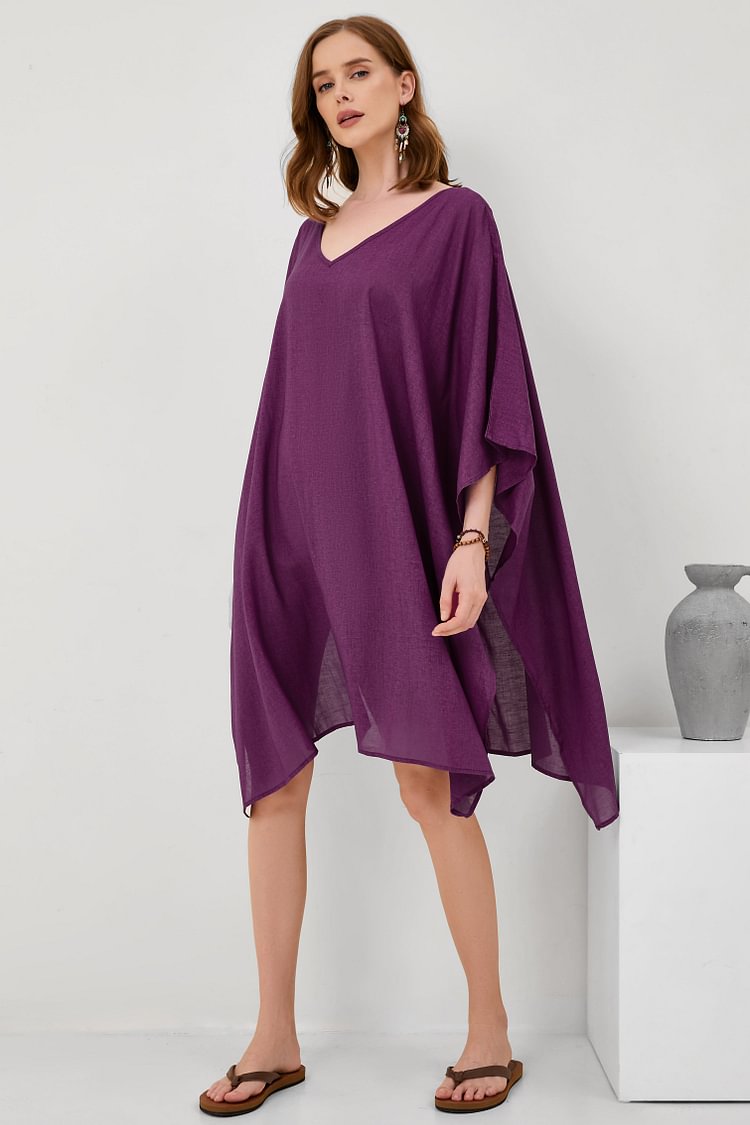Cotton Linen V-Neck Loose Plus Size Dress