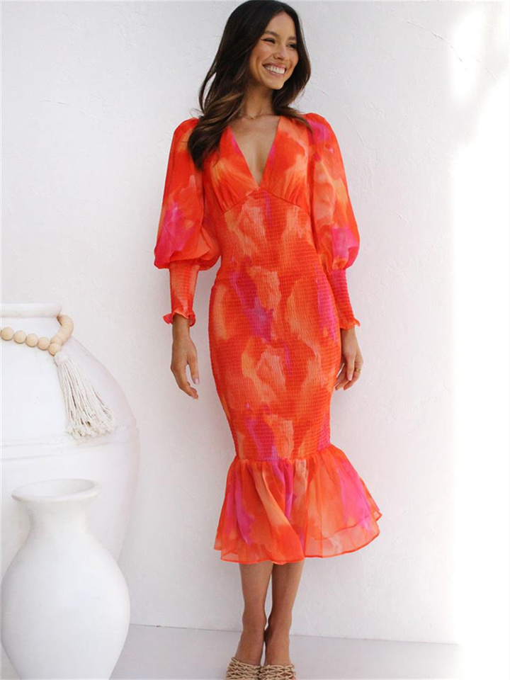 Printed Long-sleeved V-neck Ruffled Dress