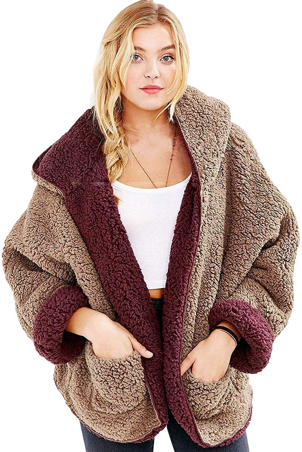Women’s Fleece Hooded Sherpa Jacket- Reversible Open Front Long Sleeve Faux Shearling Winter Coats with Pockets