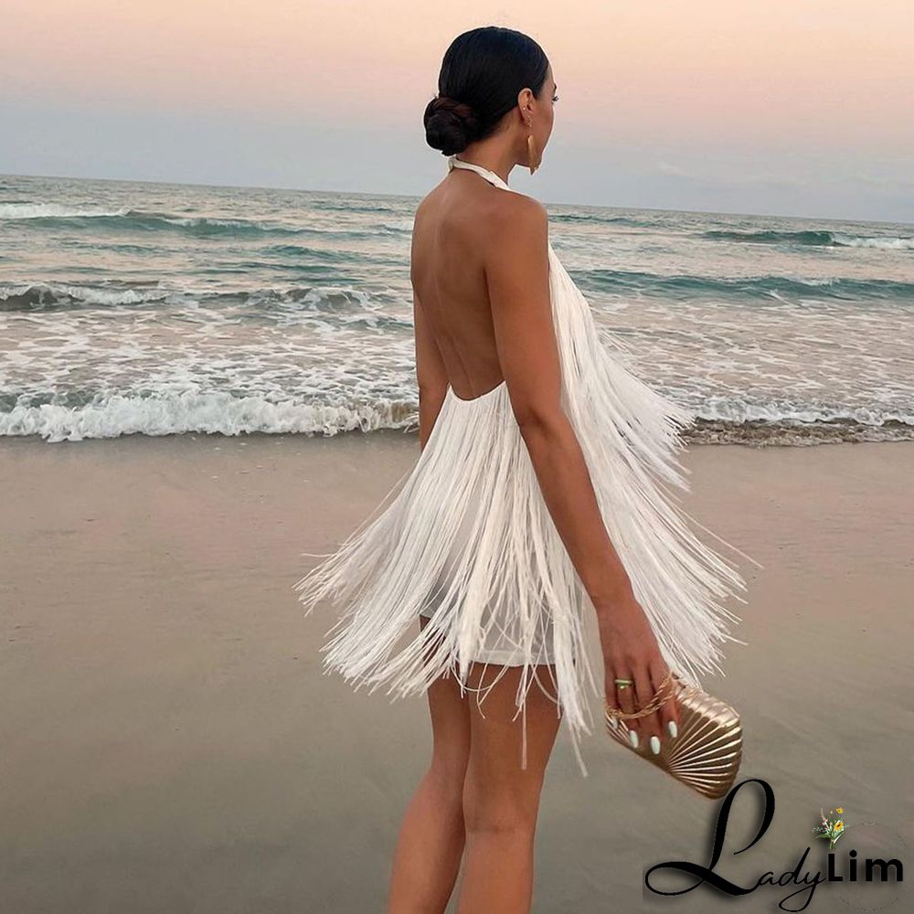 Backless Halter Tassel Mini Dress