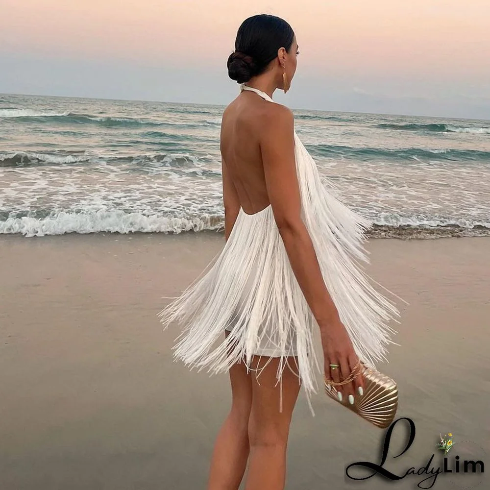 Backless Halter Tassel Mini Dress