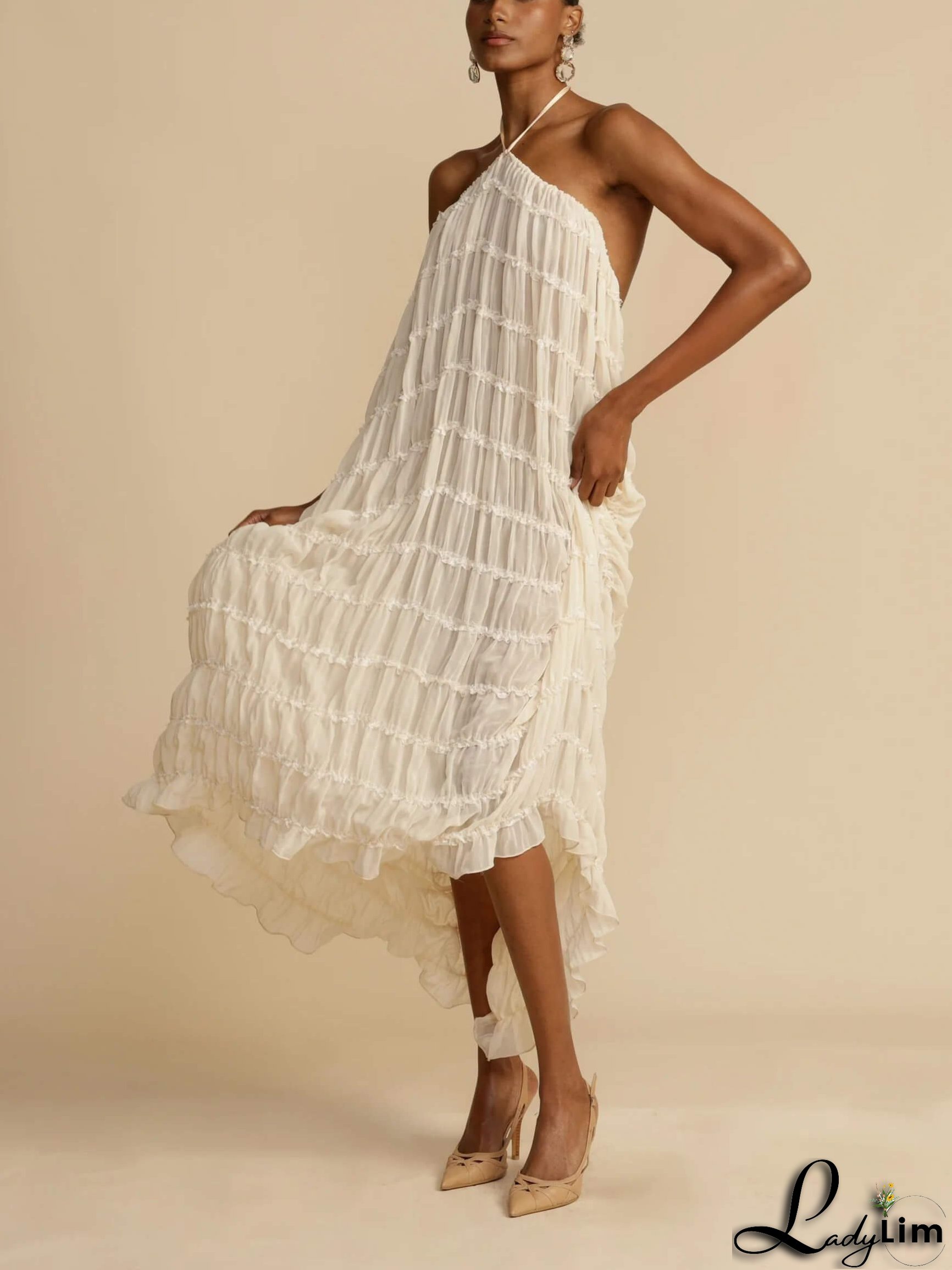 Charming Pleated Drawstring Waist Tiered Halterneck Midi Dress