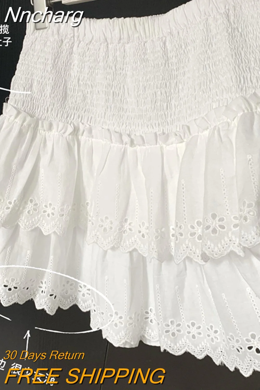 Nncharge Embroidery Folds Sweet Skirt Elastic Waist Ball Gown A-Line Cake Mini Y2k Ballet White Skirts Women Hotsweet High Street