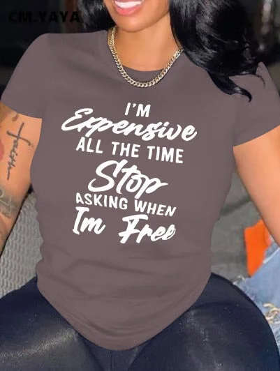 CM.YAYA Women T-shirts Letter Print Short Sleeve O-neck Stretchy T Shirt Tops Female Fashion Streetwear Casual Tees Tops Summer
