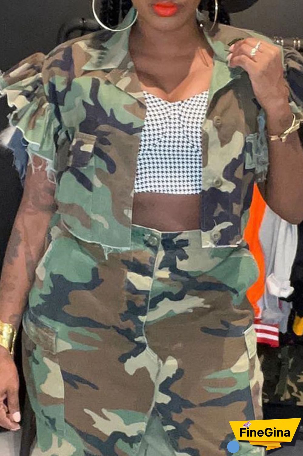 Camouflage Street Camouflage Print Patchwork Buckle Turndown Collar Tops