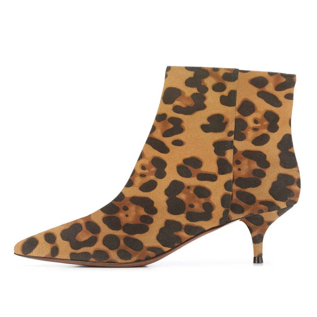 Vegan Suede Pointed Toe Kitten Heel Leopard Short Boots for Women