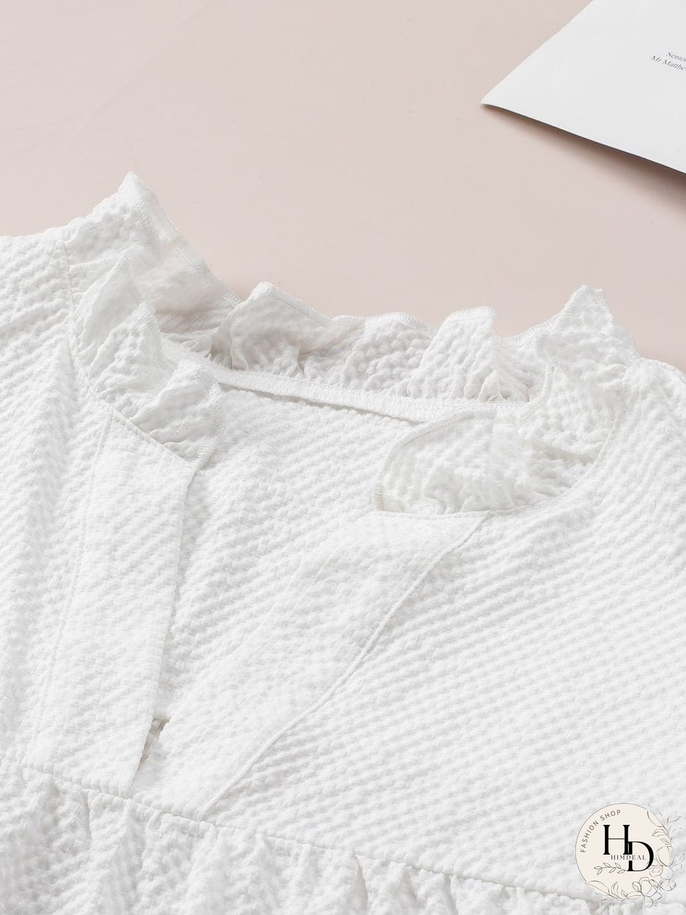 White Waffle Knit Flutter Sleeve Blouse with Notch Neck Detail