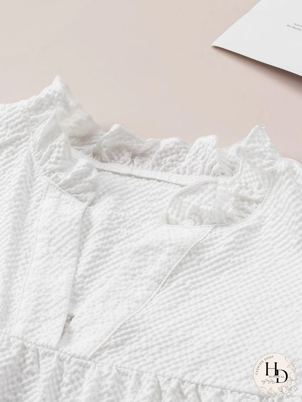 White Waffle Knit Flutter Sleeve Blouse with Notch Neck Detail