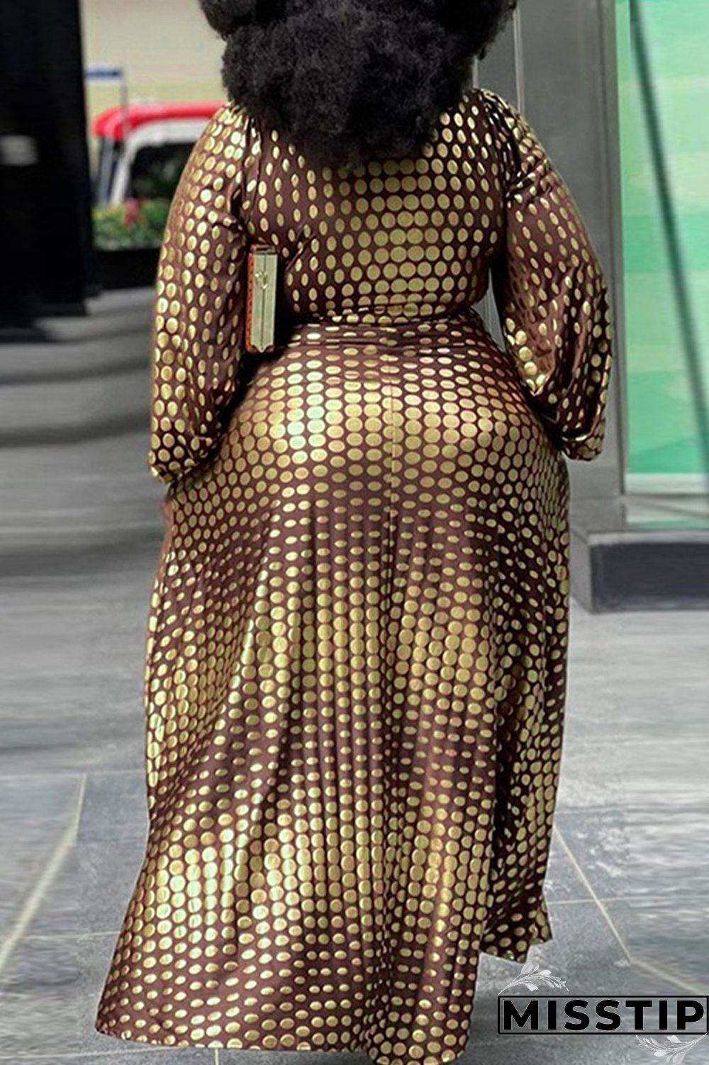 Brown Casual Print Polka Dot Patchwork V Neck A Line Plus Size Dresses