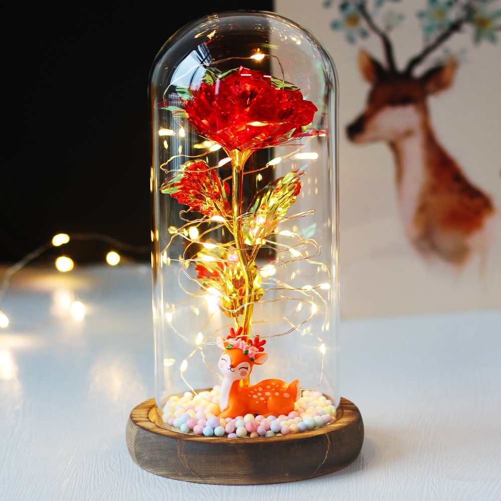 Beatea Little Elk with Enchanted Rose Flower LED Light in Glass Dome