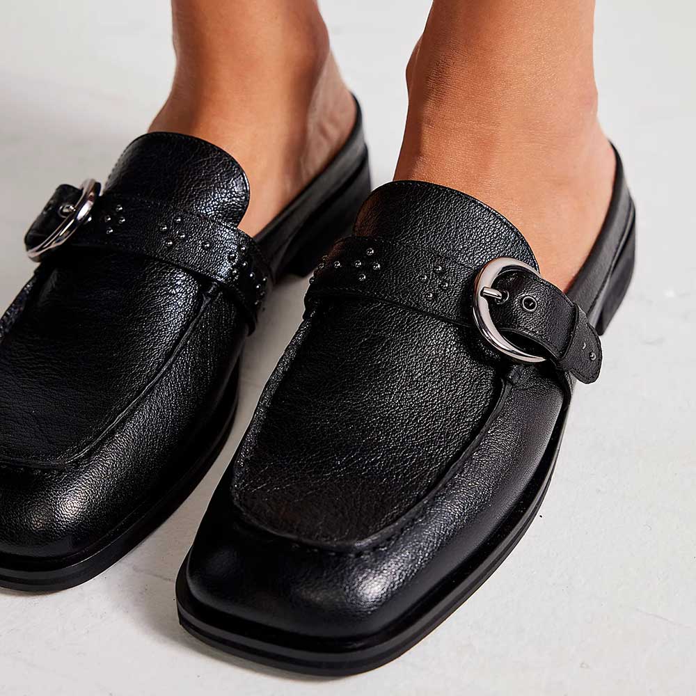 Black Vegan Leather Square Toe Flat Buckled Slip-On Mules Nicepairs