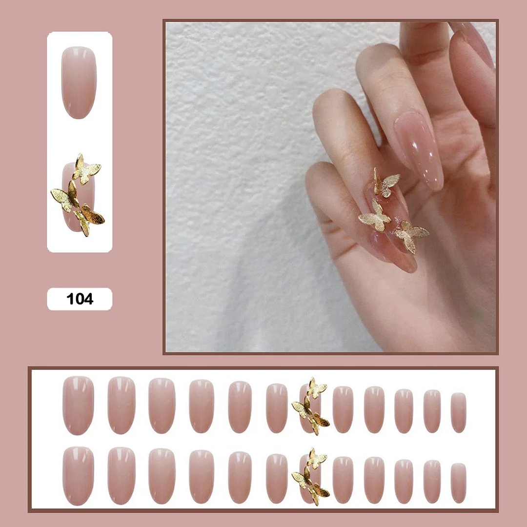 24pcs Stereoscopic Butterfly Light Luxury Elegant Nude Lady Style Removable Nail False Nail Manicure Tool-Nail Inspo