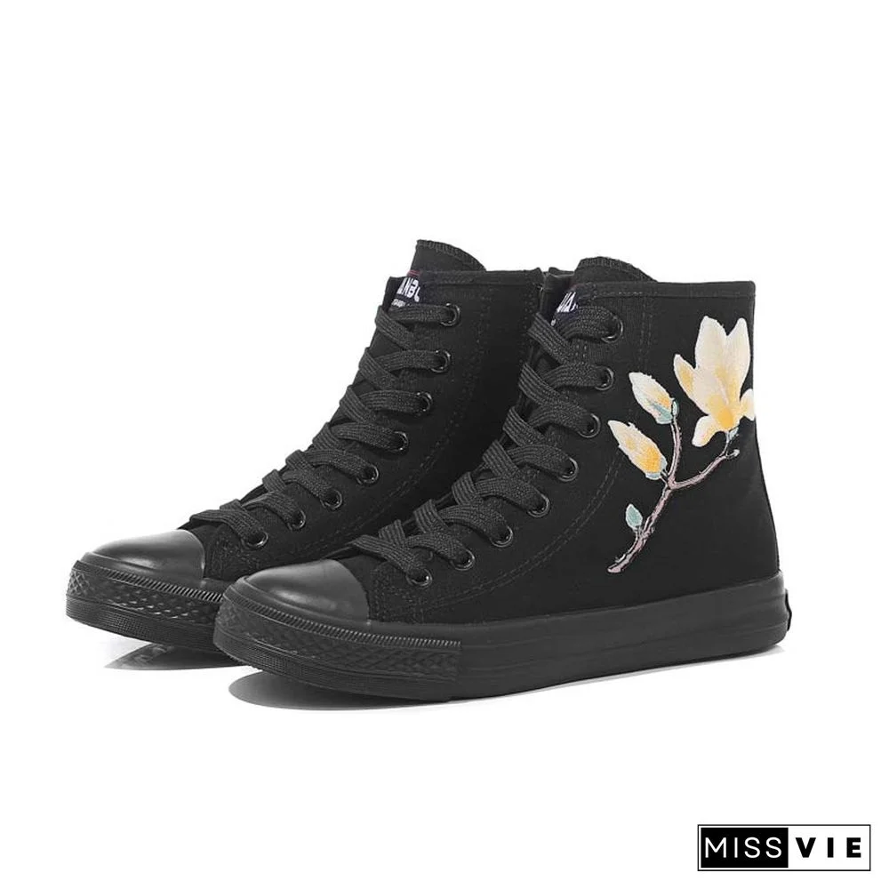 Vintage Blossom Embroidery Lace Up Zipper Canvas Shoes