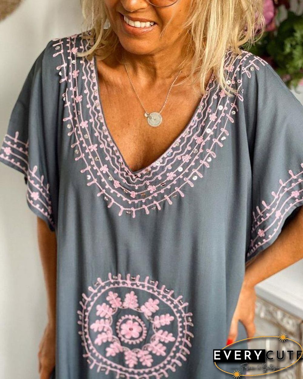 Retro Geometric Pattern Split Hem Loose Maxi Dress P14355