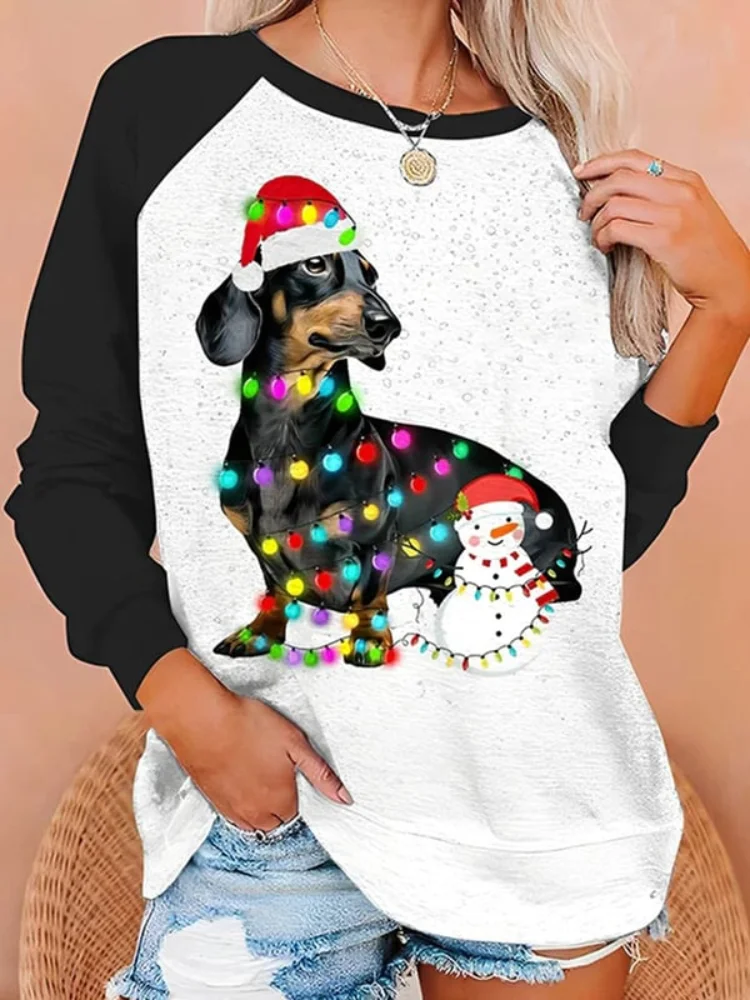 Wearshes Christmas Snowman Dog Print Colorblock Sweatshirt