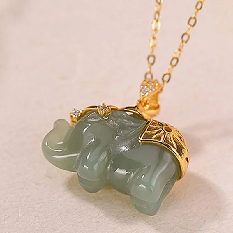 925 Sterling Silver Jade Elephant Blessing Fortune Necklace Chain Pendant