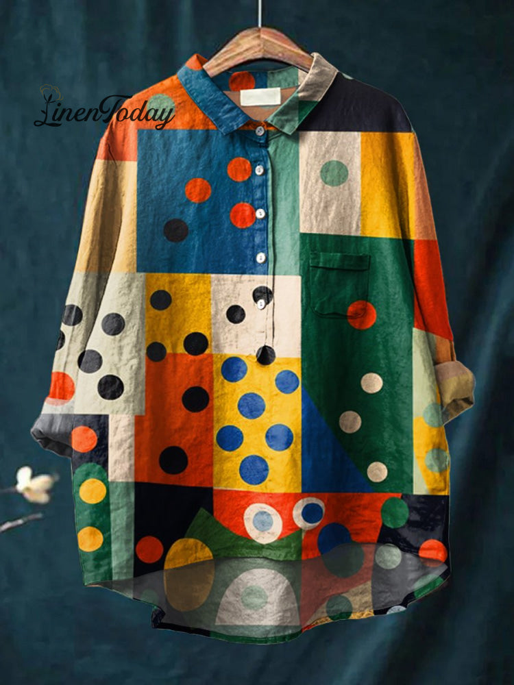 Women’s Color-Blocked Geometric Polka Dots Print Casual Cotton And Linen Shirt Multicolor / S