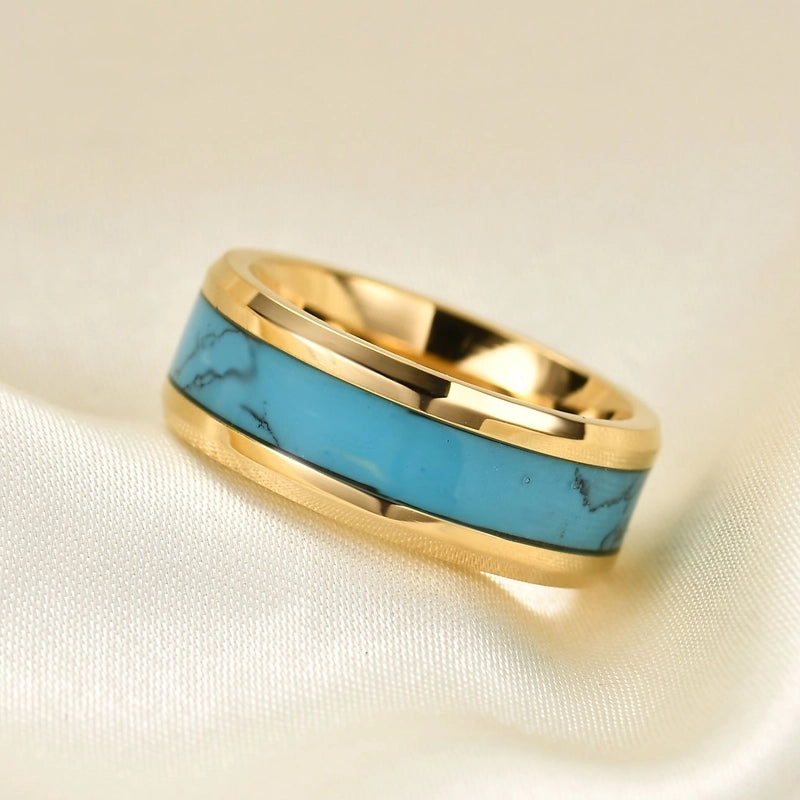 Fashion Simple Natural Turquoise Titanium Steel Ring For Men