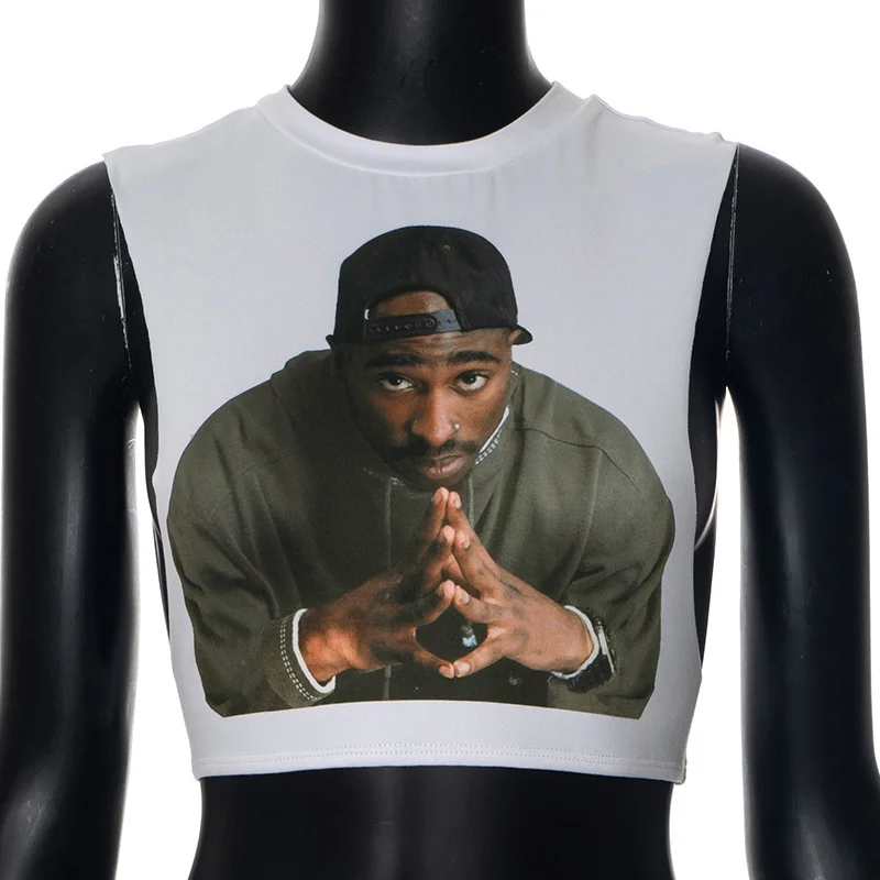 Uveng Uveng Women's Summer New Vintage 3D Printed Street Man's Rounded Sleeveless Vest Short T-Shirt