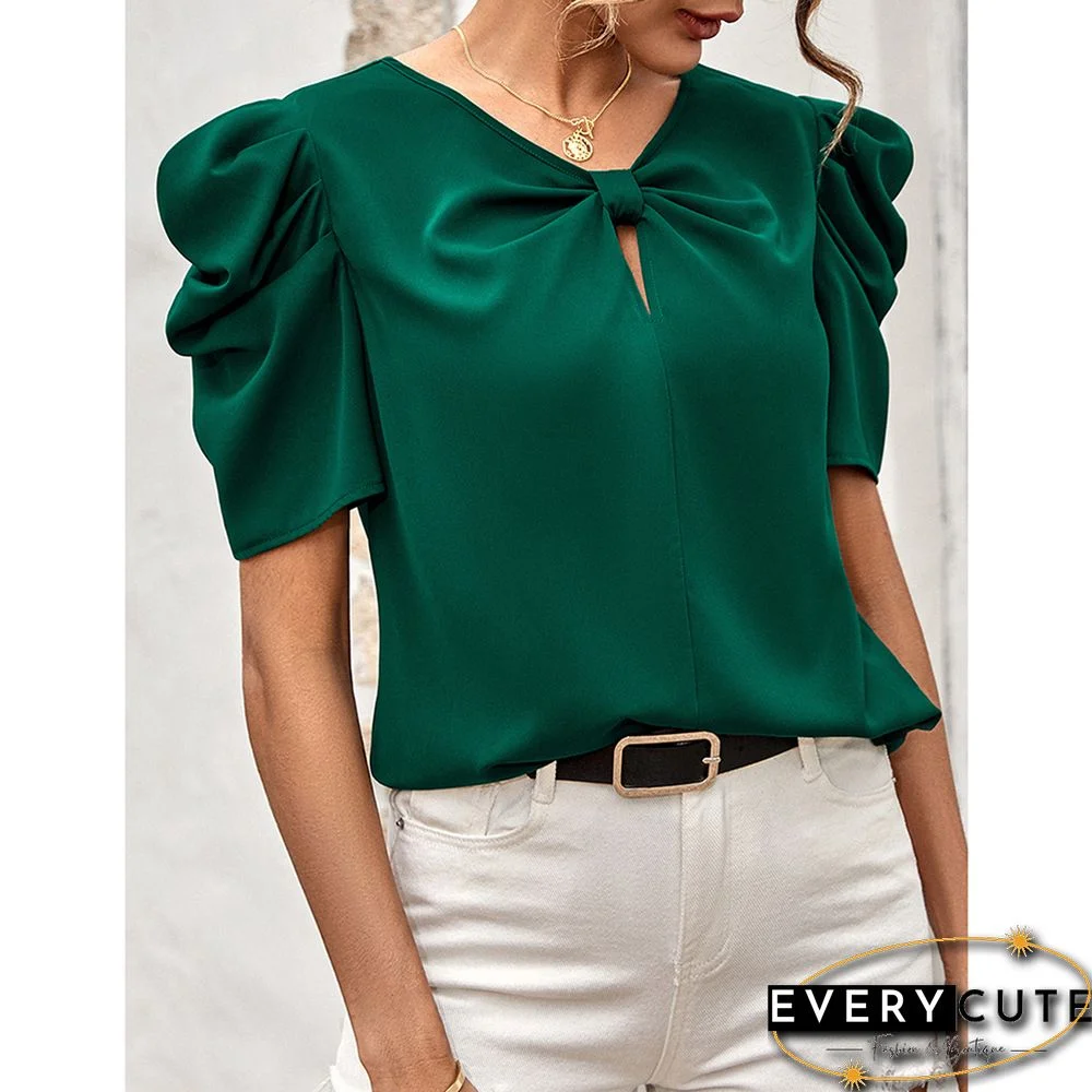 Green Twist Keyhole Puff Short Sleeve Tops