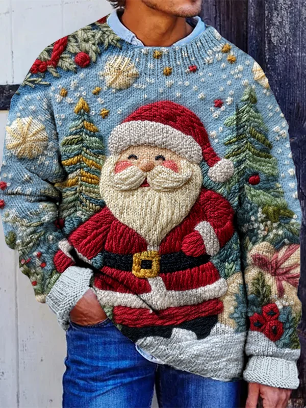Men's Santa Claus Christmas Embroidery Art Print Knit Sweatshirt