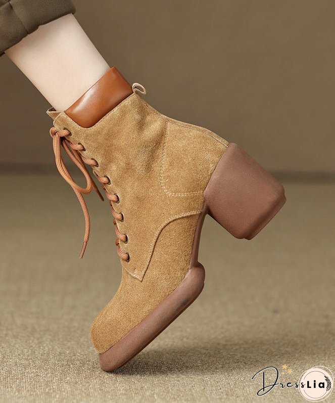 Suede Chunky Heel Boots Apricot Stylish Splicing Lace Up