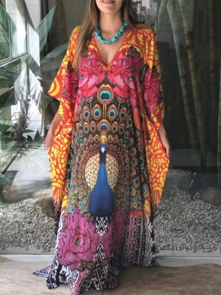 Women Peacock Printed Kaftan Fashion Orange Maxi Maxidress