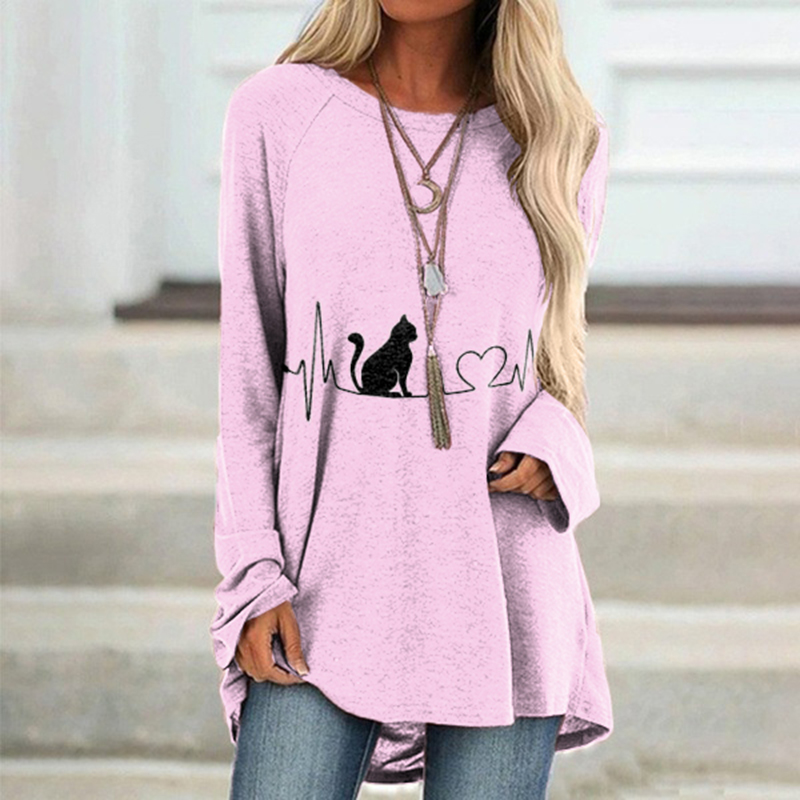 Casual Cat ECG Print Long Sleeve Tunic wearshes