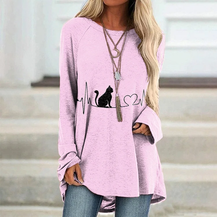 Vefave Vefave Casual Cat ECG Print Long Sleeve Tunic