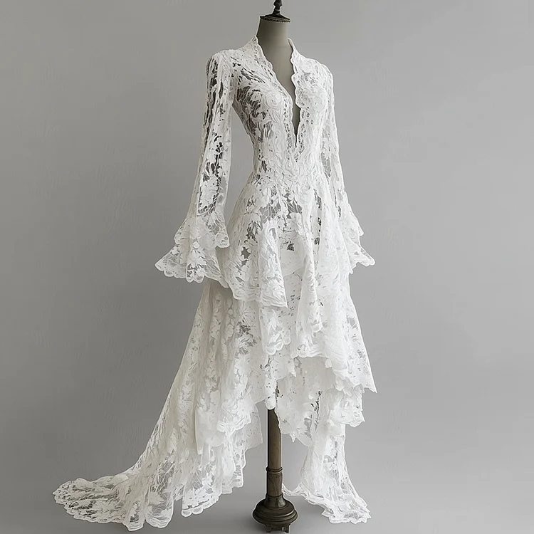 Ursime Deep V Neck Flare Sleeve Lace See-Through Maxi Dress