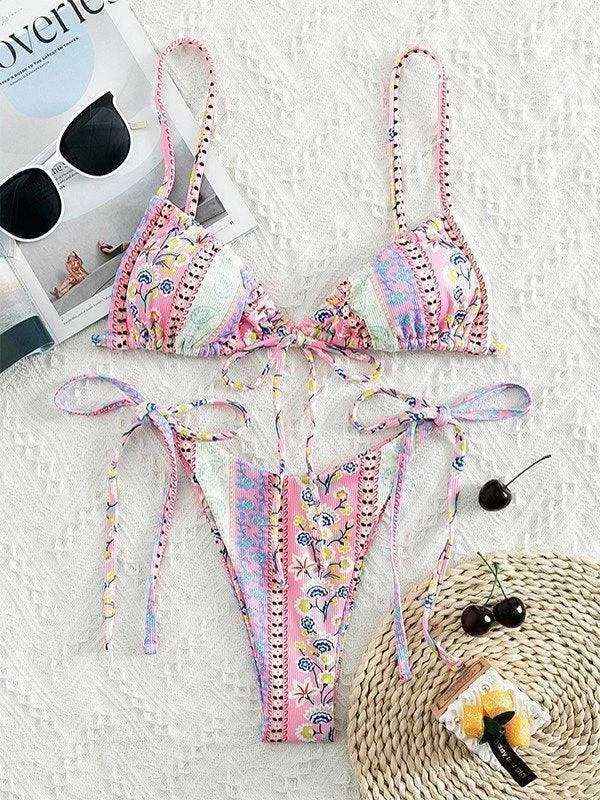 Brownm Ethnic Floral Lace Up Bikini Set