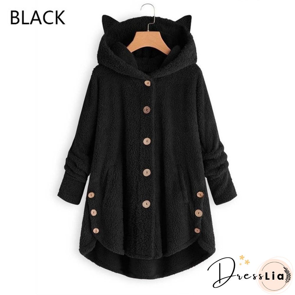 Fashion Women Coats Autumn Winter Outwear Tops Solid Color Plush Loose Cute Cat Ears Warm Fur Cardigan Coat with Pocket Plus Size S-5XL