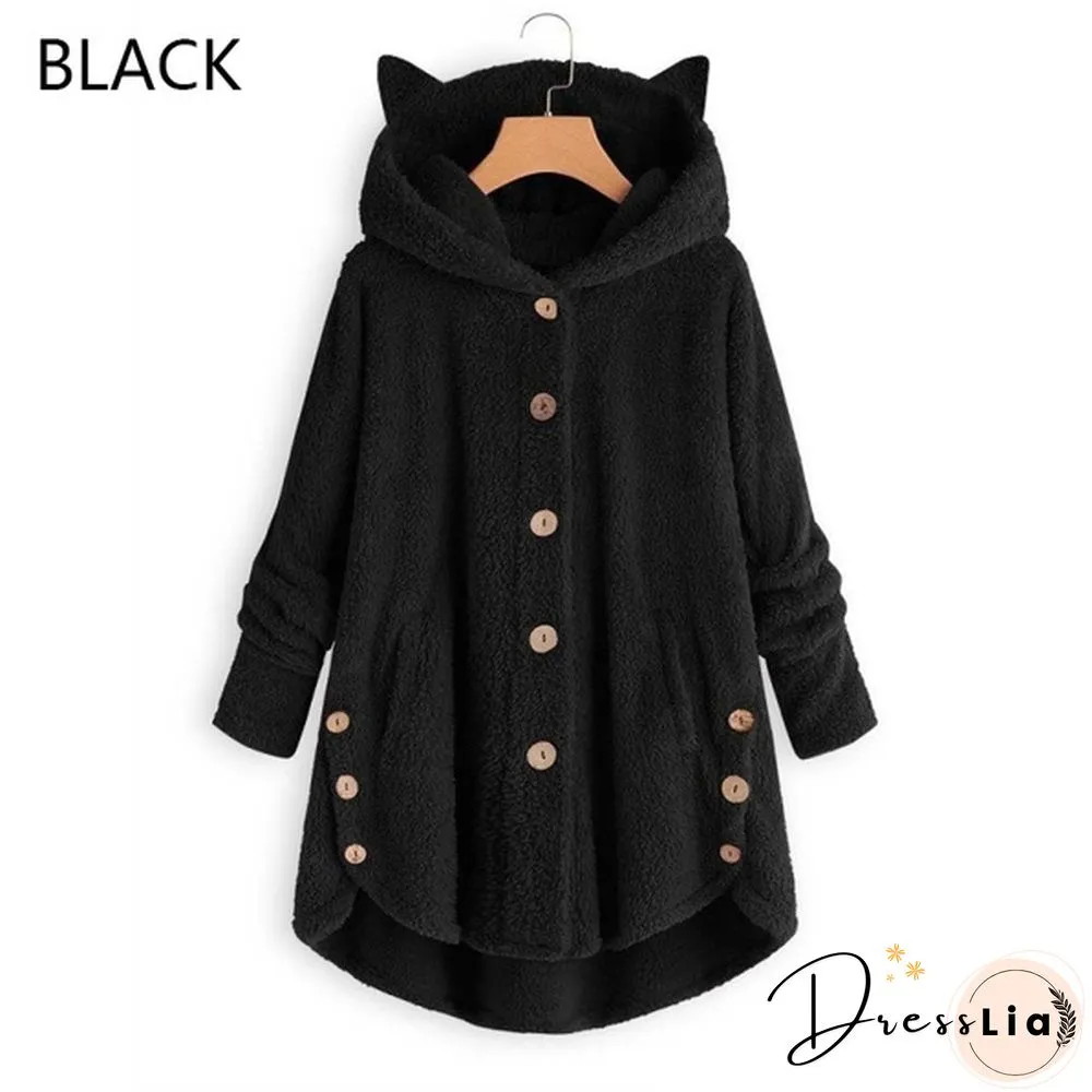 Fashion Women Coats Autumn Winter Outwear Tops Solid Color Plush Loose Cute Cat Ears Warm Fur Cardigan Coat with Pocket Plus Size S-5XL