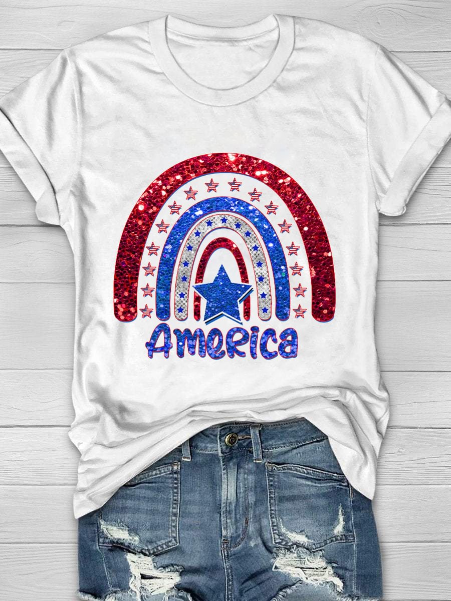 America Flag Rainbow Print Short Sleeve T-Shirt