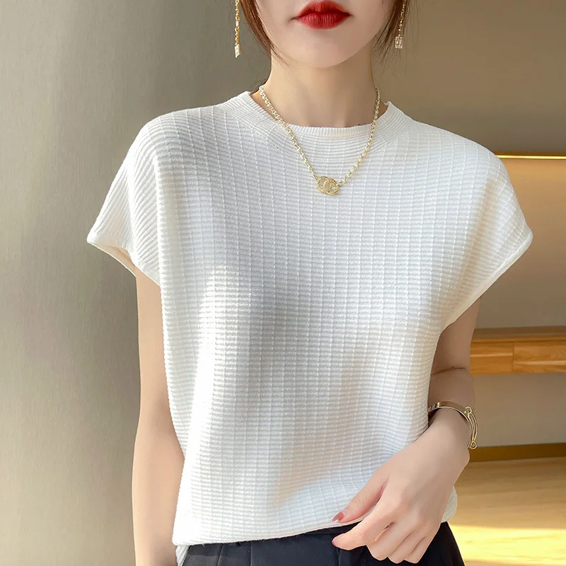 Churchf Churchf T-Shirt Women 2024 Spring Summer New Women's Half Sleeve Loose Show Thin Round Neck Knit Bottom Shirt Jacket Women