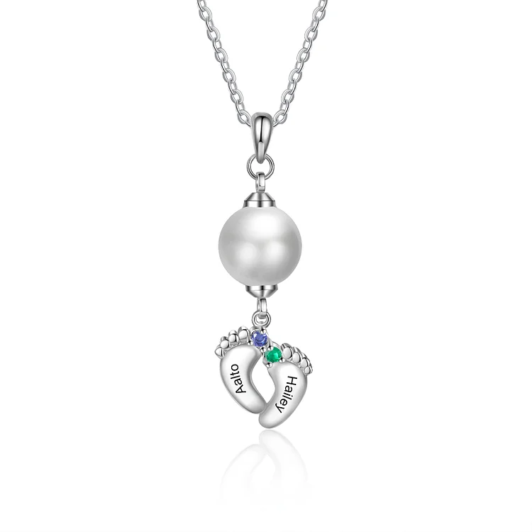 Collier pendentif perle avec Pieds de Bébé 2 Prénoms Personnalisé avec 2 Pierres de Naissance Jessemade FR
