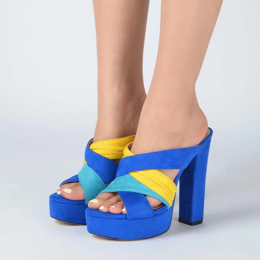 Blue And Yellow Suede Platform Mules 6-inch Block Heeled Sandals