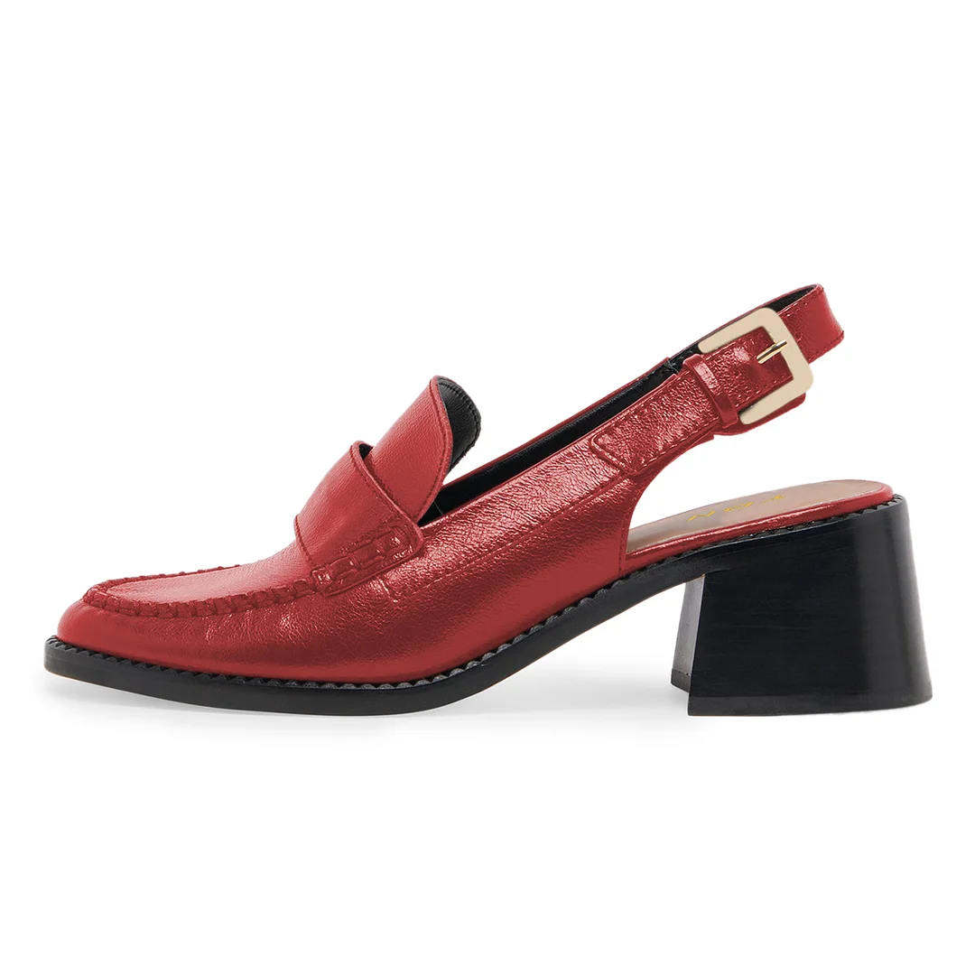 Red Vegan Leather Round Toe Buckle Slingback Strap Comfy Loafers 