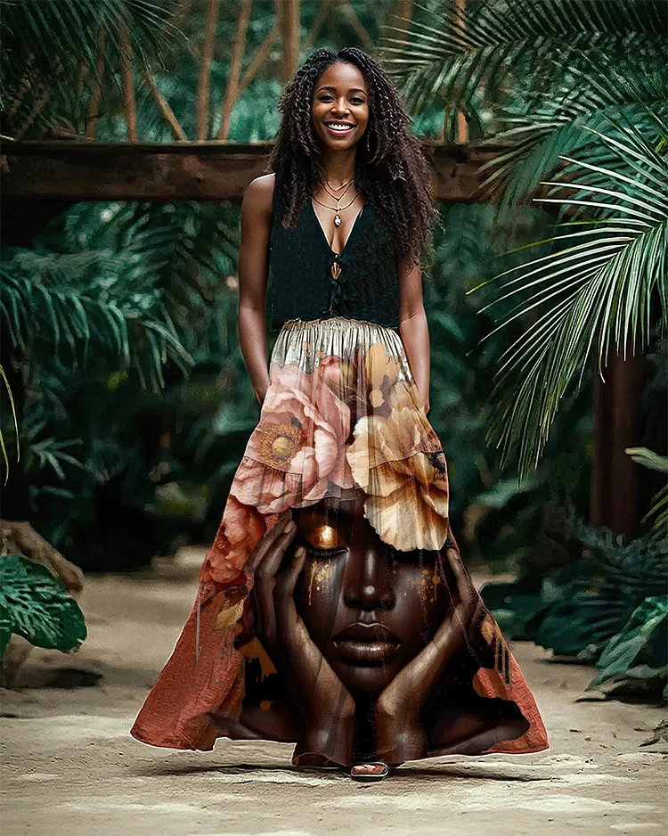 Floral Black Woman Linen Pocket Skirt