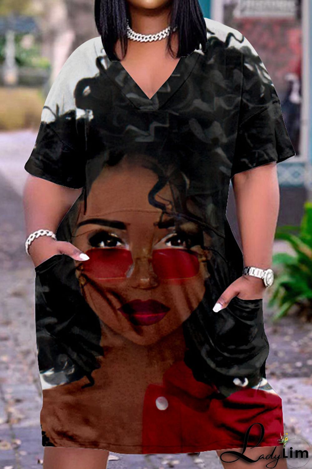 Beige Casual Street Print Patchwork V Neck Straight Dresses