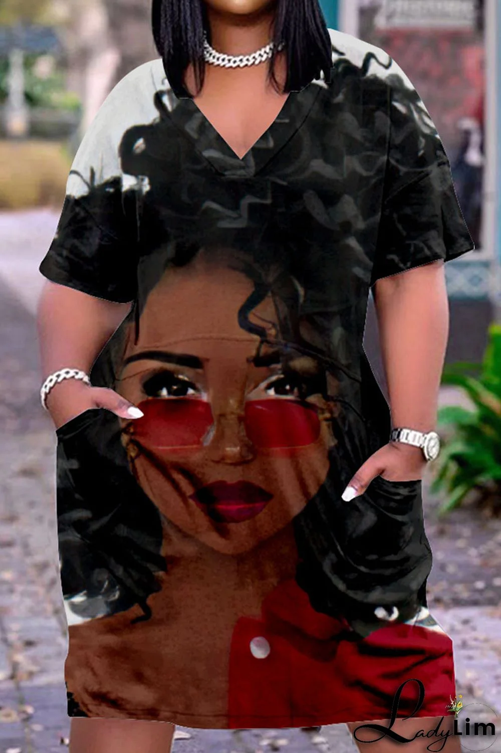 Beige Casual Street Print Patchwork V Neck Straight Dresses