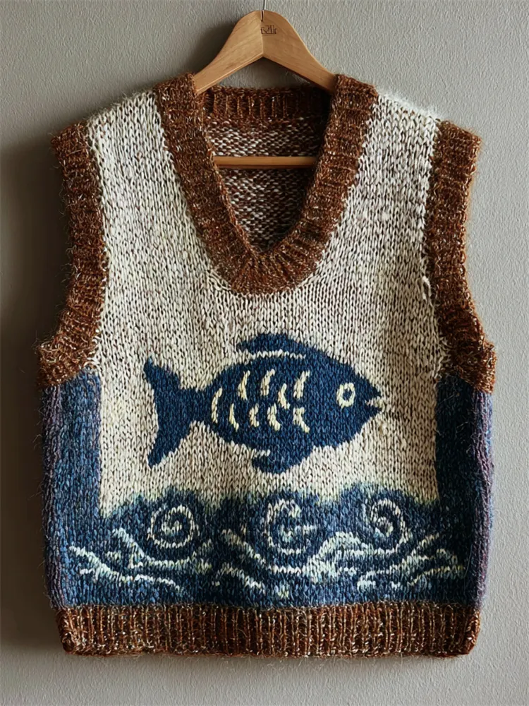 Vintage Japanese Fish & Sea Waves Contrast Cozy Knit Vest