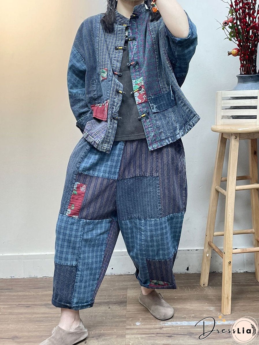 Vintage Patch Spliced Pocket Loose Pants