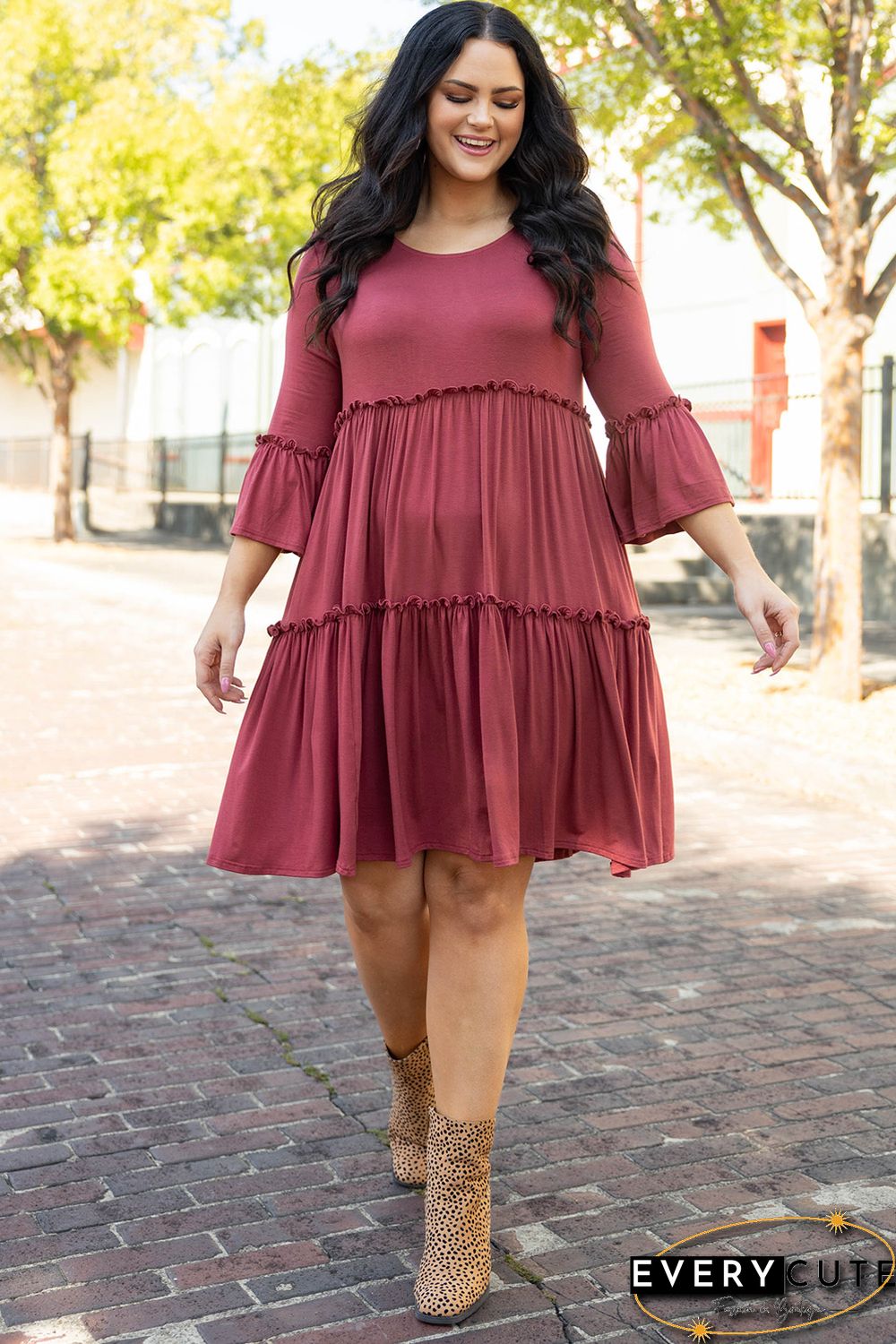 Red Tiered Ruffled 3/4 Sleeve Plus Size Dress