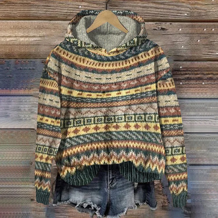 Comstylish Geometric Contrast Jacquard Vintage Hooded Sweater