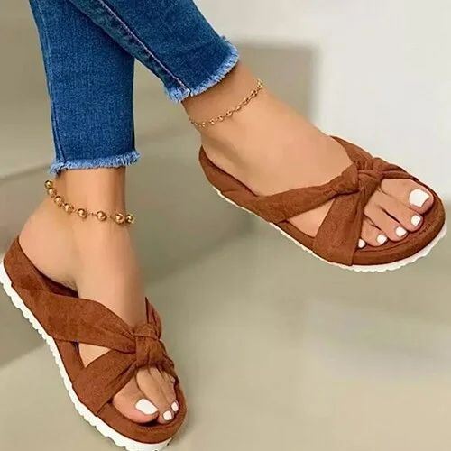 2021 Women Flock Knot Slippers Female Casual Open Toe Slides Ladies Summer Platform Flat Women's Comfortable Shoes Plus Size