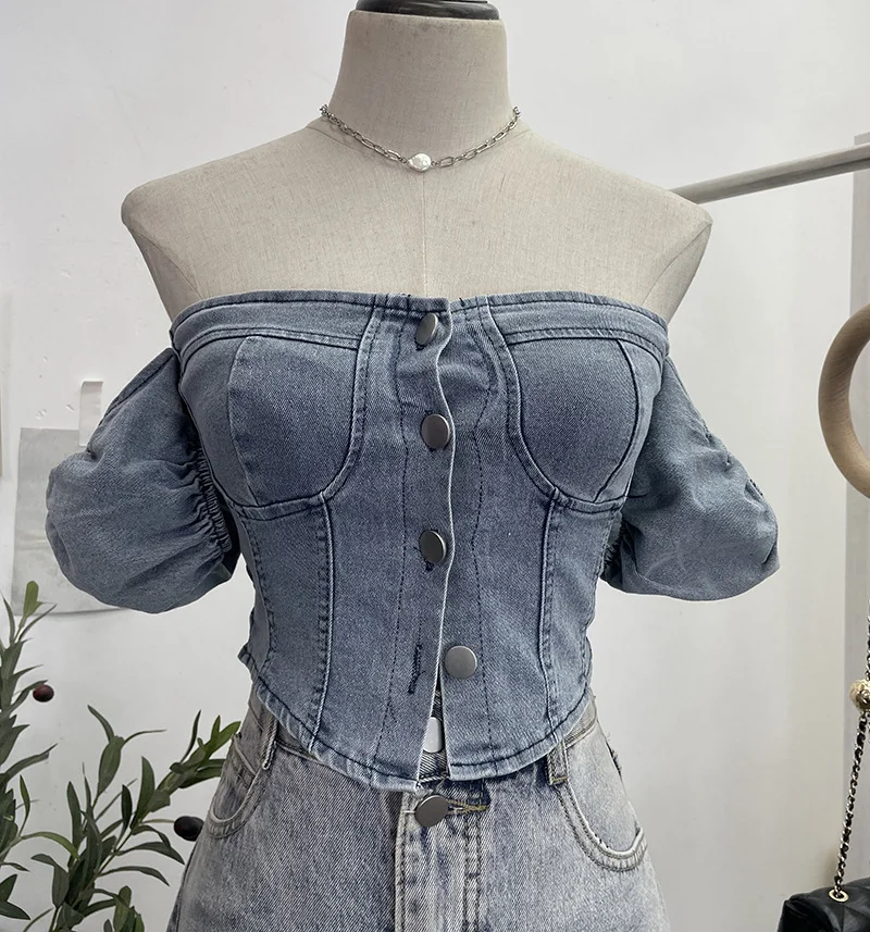 Uveng Real Shot Shoulder Bubble Short Sleeves Denim Shirt Design Hot Girl Collar Small Short Top 2530