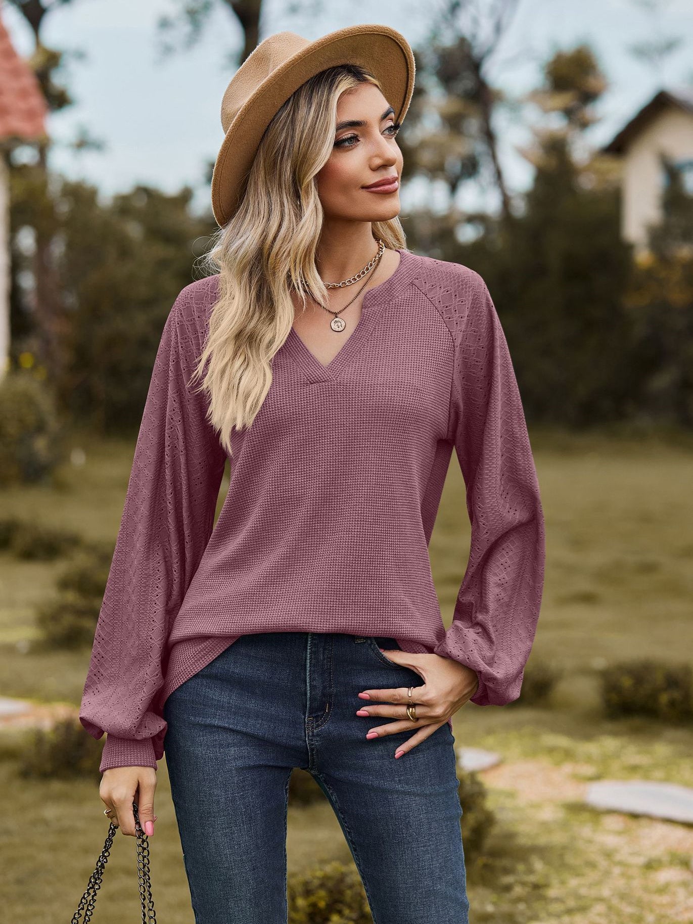 Women Long Sleeve V-neck Graphic Floral Printed Top