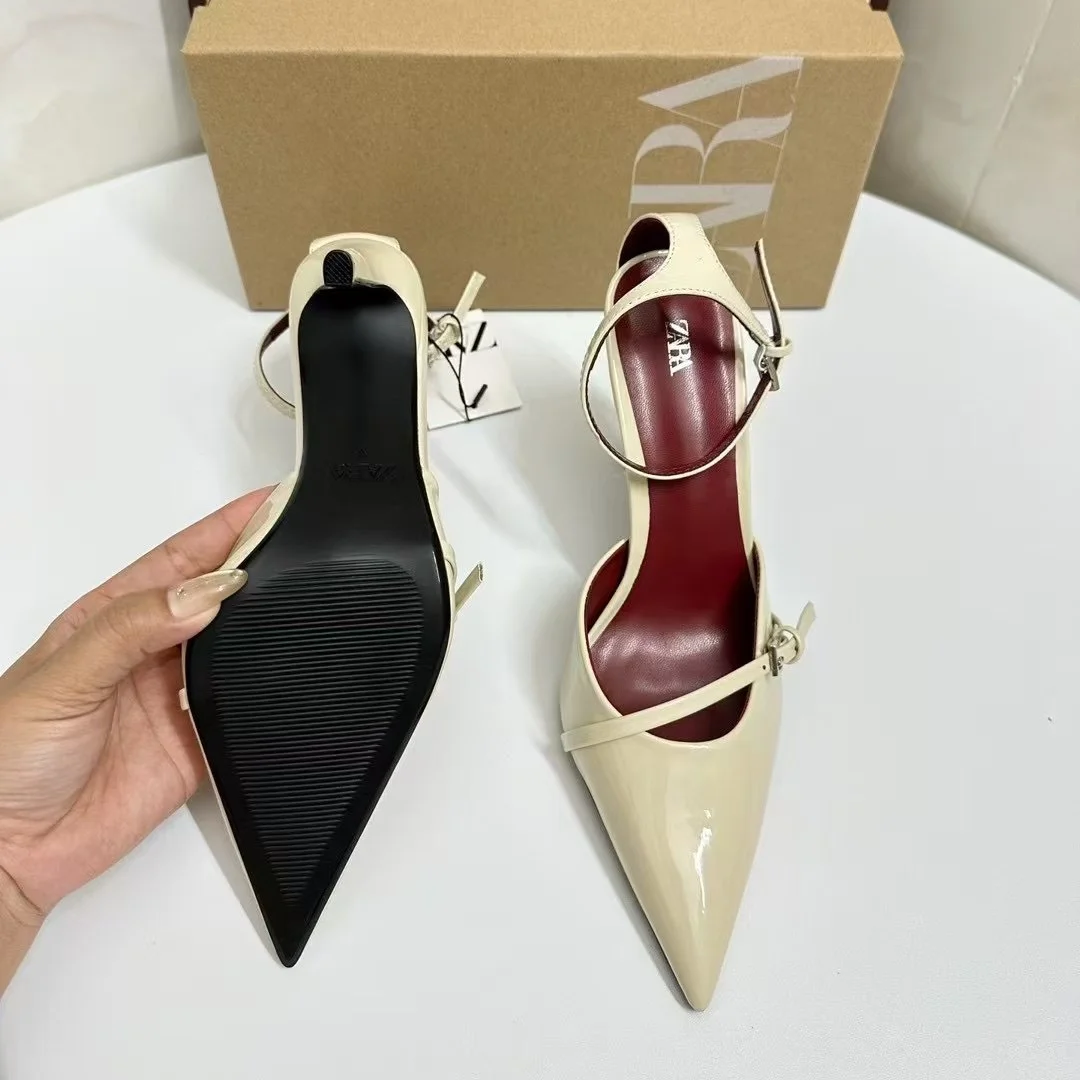 Breakj Breakj Home 2025 Fashion New Pointed Women's Shoes Classic White Patent Leather Shallow Heel Stumbling Women's High Heel Sandals